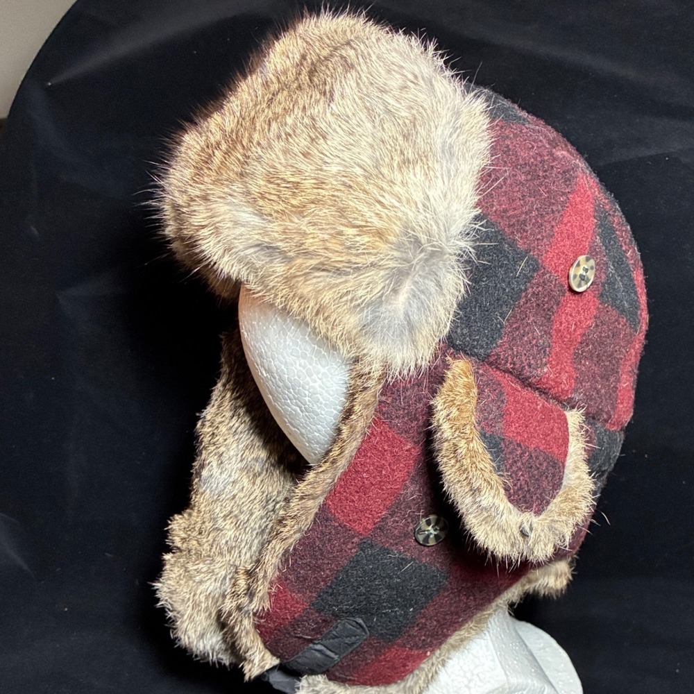 Vintage Mad Bomber Hat M rabbit fur wool red black wool classic ear flaps